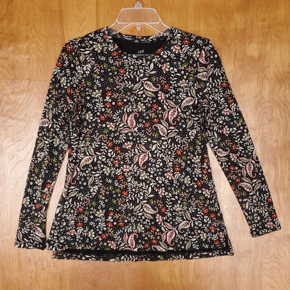 J Jill 100% Pima Cotton Long Sleeve Tee Size S Floral Paisley High Low Crew Neck